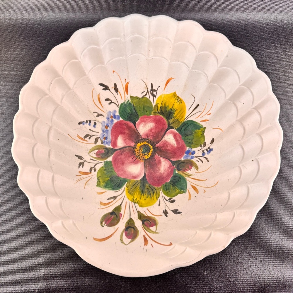 Vintage Italian Pottery Large Scalloped Edge Bowl Hand Painted Florals